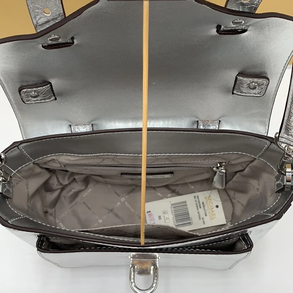 MICHAEL KORS MANHATTAN MEDIUM TOP HANDLE SCHOOL SATCHEL CROSSBODY BAG SILVER
